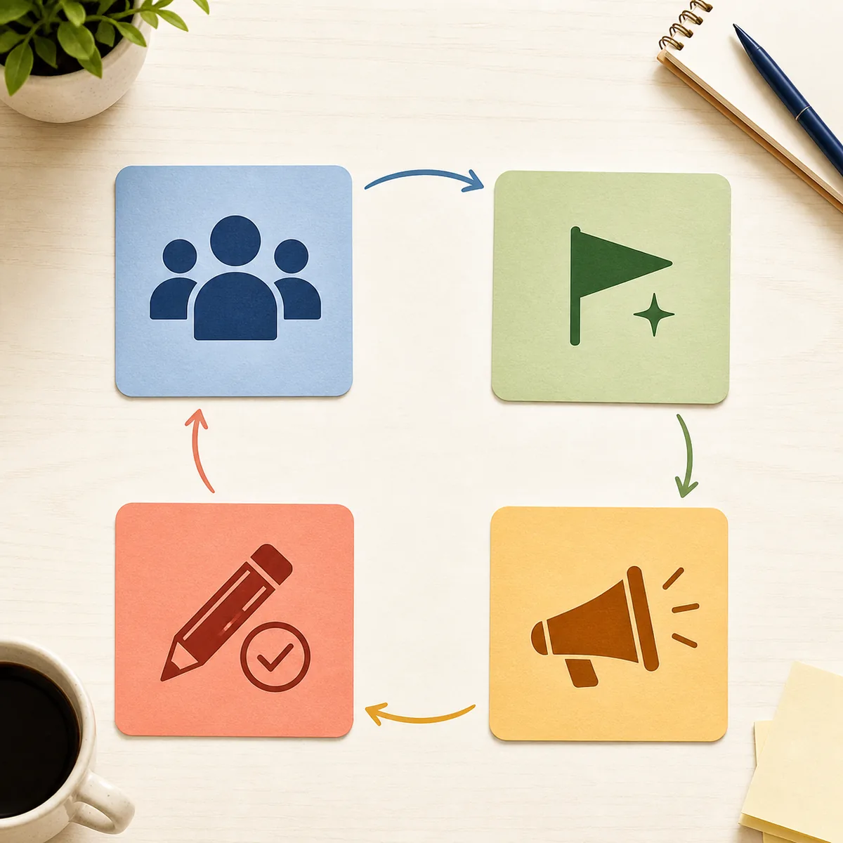 Four-icon editorial diagram showing audience, promise, action, and testing as a campaign slogan workflow
