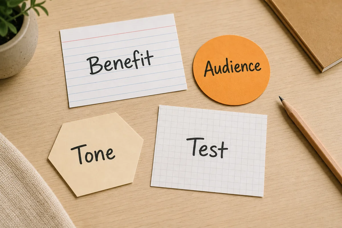 Schreibtischkarten mit Benefit, Audience, Tone und Test zur Planung von Slogan-Beispielen