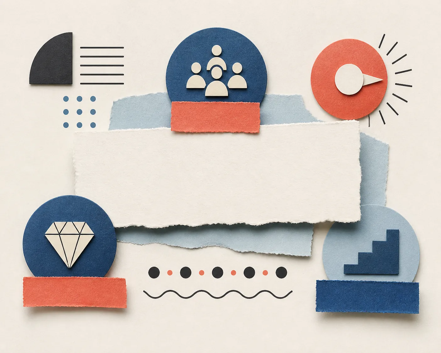Abstract paper composition representing audience, promise, difference, and rhythm in a slogan