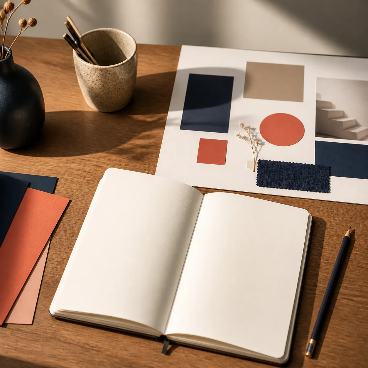 Blank notebook and abstract brand mood board on a creative strategy desk